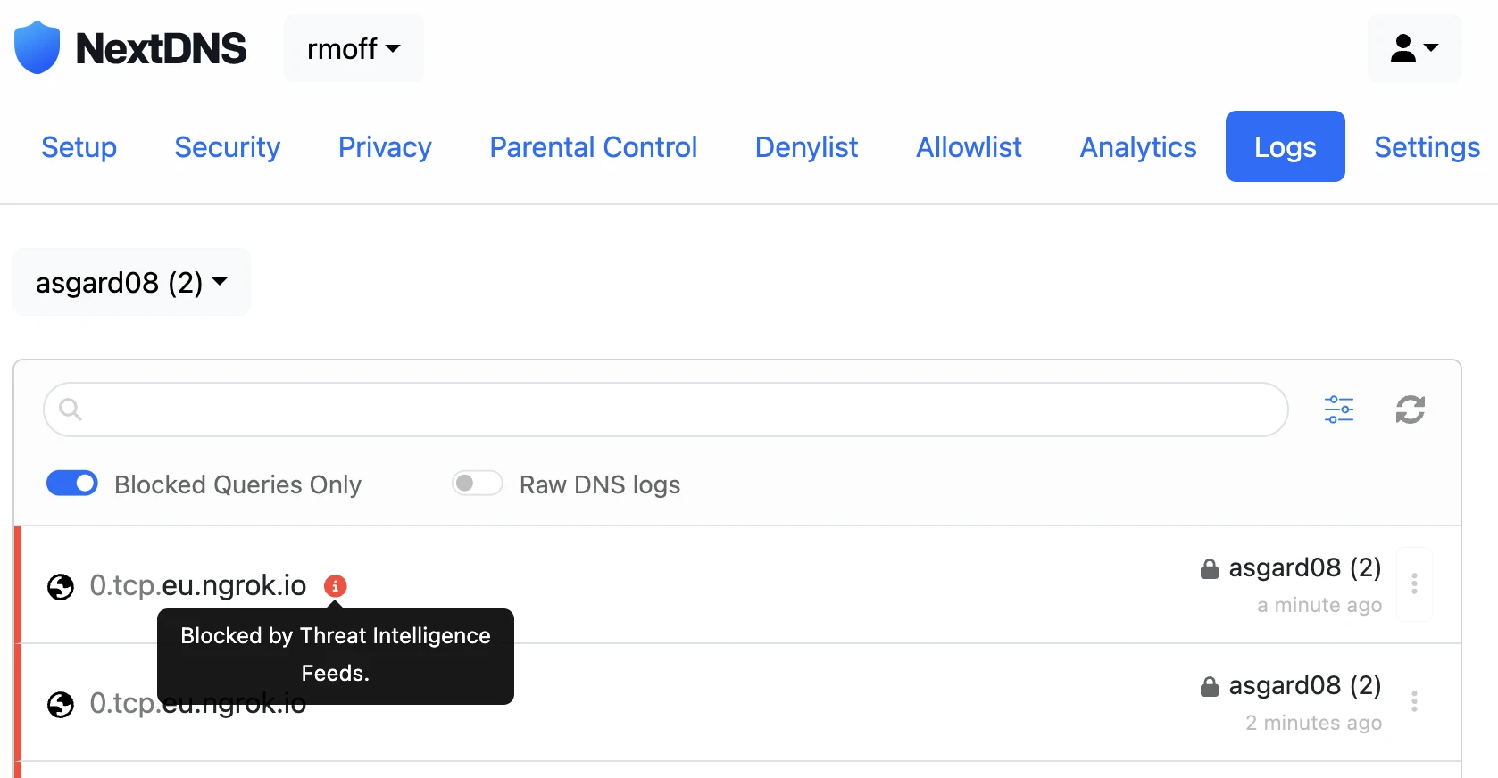 NextDNS screenshot showing DNS resolution for ngrok blocked by Threat Intelligence Feeds blocklist